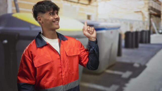 Man in orange safety uniform points finger upward toward a large dumpster on street while smiling with raised hand and visible finger gesture; cheerful work pride.