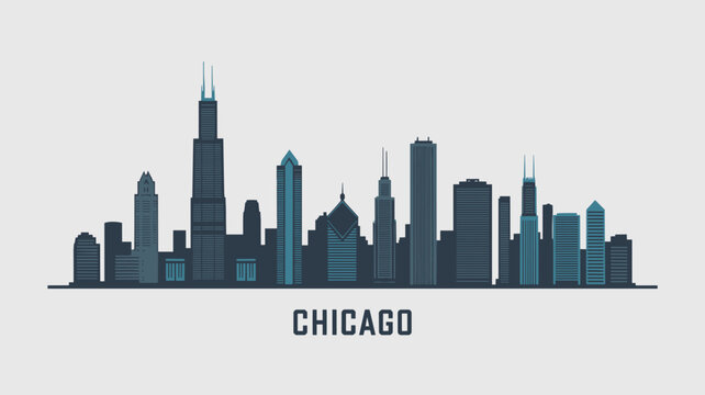 Chicago City Skyline Vector Silhouette with Modern Skyscrapers and Urban Architecture