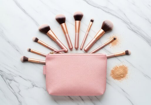 A stylish pink zippered cosmetic pouch sits on a white marble surface, encircled by professional makeup brushes and loose face powder, organized, grooming, foundation