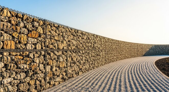 A tall gabion wall filled with natural irregular stones borders a peaceful gravel pathway in a modern landscape design under soft sunlight, organic, atmosphere, barrier