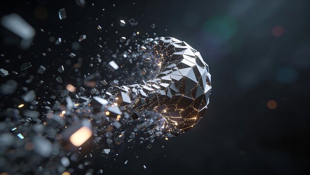 Abstract geometric shape dissolving into particles with glowing lights