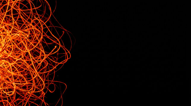Glowing molten magma filaments and orange lava like fiber trails clustered on the far left of a matte black studio background with empty copy space on the right