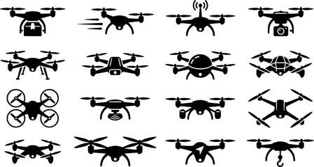 Fototapeta premium Drone Icon Set Featuring Quadcopter Delivery, Aerial Camera, Wireless Signal, Remote Surveillance, UAV Technology and Flying Robotics Symbols