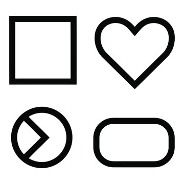 Black outline icons set including square, heart, play button and oval shapes isolated on white background