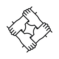 Obraz premium Four hands holding each other in a circle representing teamwork and unity isolated on white background