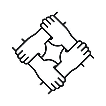 Four hands holding each other in a circle representing teamwork and unity isolated on white background