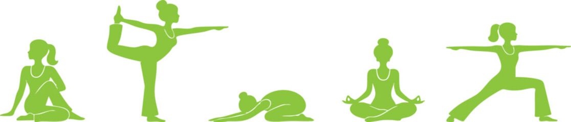 Fototapeta premium Green silhouette yoga poses set in minimalist design