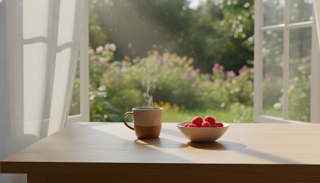 July morning breakfast on a wooden table with raspberries and steaming coffee by an open window, capturing the tranquility and freedom of dawn concept for a peaceful start