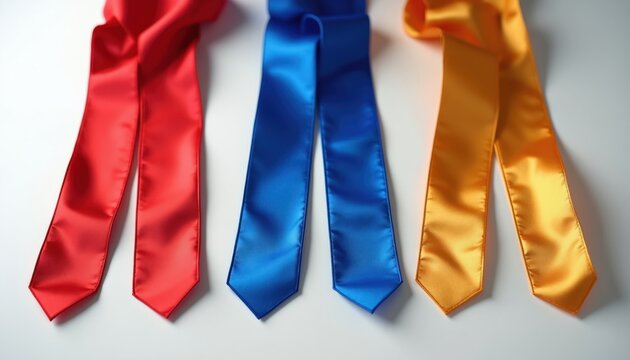 Three colorful satin sashes red blue and gold lie on a white background. The fabric has a smooth shiny texture. These are for academic graduation or award ceremonies.