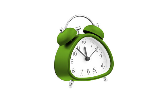Modern Green analog table clock with a unique geometric shape and double bells. High-quality studio shot of a blue timekeeping device, perfect for product catalogs and e-commerce.