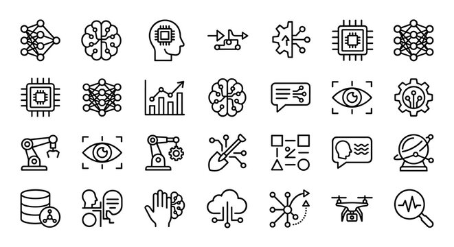 Modern Artificial Intelligence Outline Icons Set with Robotics Data Analytics and Smart Technology Elements