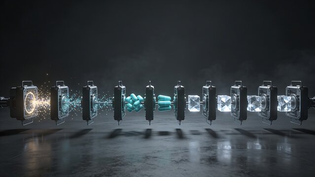 Futuristic manufacturing process transforming energy into pills and crystals
