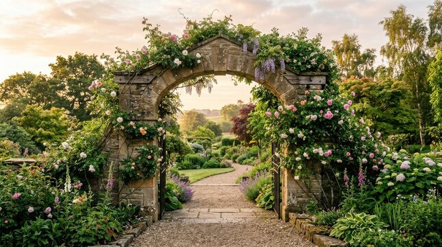 Detailed garden arch with flowers and vines in a natural landscape with soft morning light and realistic shadows. This premium