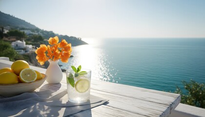 Naklejka premium Refreshing drink and lemons on a sunny terrace during a bright July morning with a colorful coastal view of the Mediterranean sea for a summer vacation happiness concept