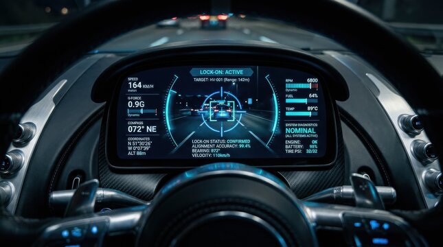 Interactive blue target interface showing a high-performance digital cluster with dynamic tracking gauges and real-time system
