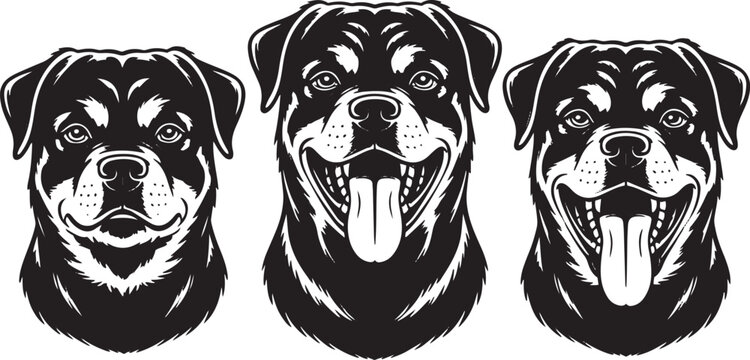 Set of rottweiler heads, good dog for protection, aggressive animal, face of a pet, street dog.