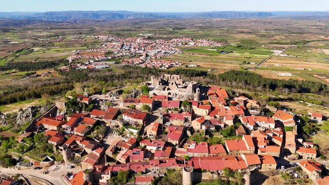 Aerial view of the historic fortified village of Castelo Rodrigo with its red-tiled roofs and ancient stone walls in Figueira de Castelo Rodrigo, Guarda District, Portugal.