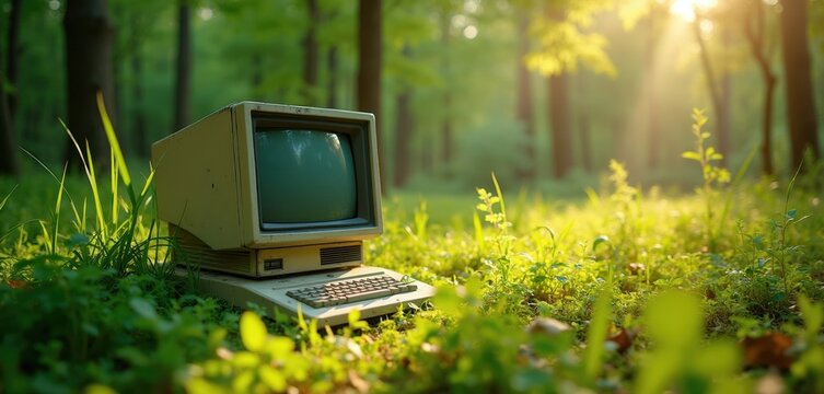 Old computer monitor with keyboard sits in overgrown green grass within a sunlit forest. The dusty electronic device is forgotten amidst nature.