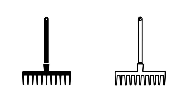 Rake Icon Set, Garden Tool Vector Graphics, Black and White Outline Tools