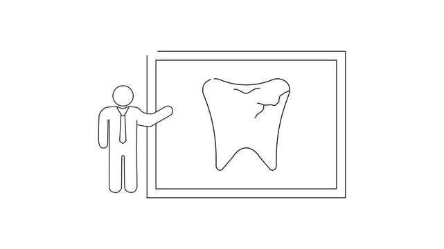 Dentist presenting tooth decay on a whiteboard illustration.