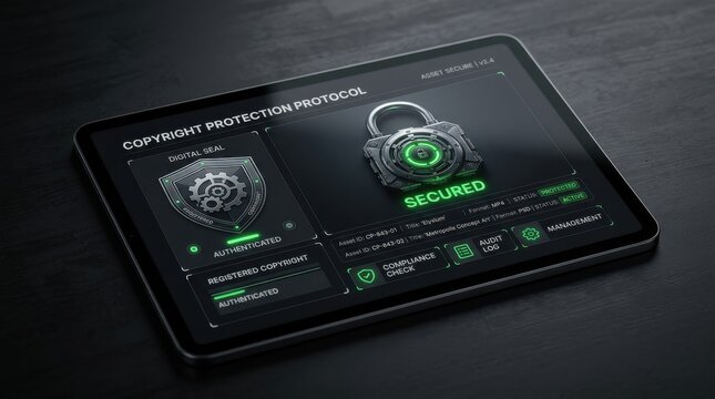 Macro view of a copyright protection interface on a tablet showing detailed icons of locks and digital seals with glowing green