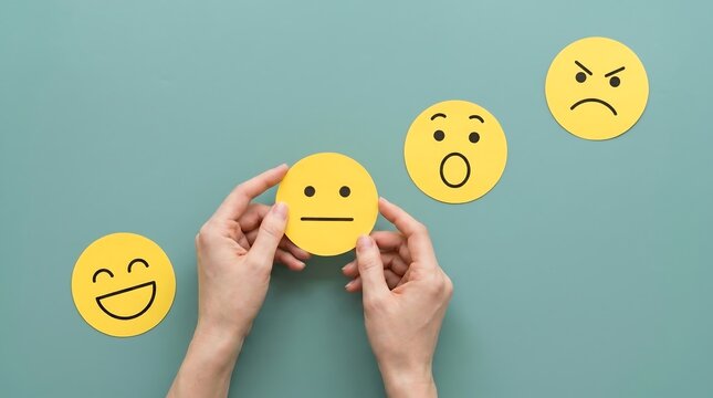 Person holding neutral face with various emotions around it