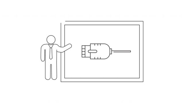 Man presenting a diagram of a USB connector on a screen.
