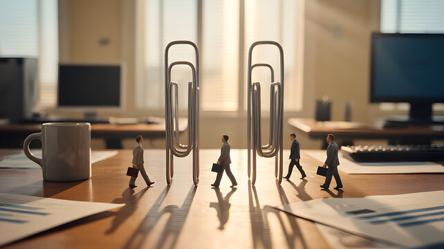Creative business concept featuring miniature office workers walking through giant paper clips on a desk. Symbol of teamwork, office workflow, bureaucracy, organization, communication and corporate li