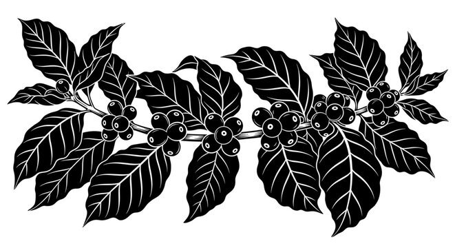 Black coffee leaves, coffee plant, botanical illustration, vector graphics, white background