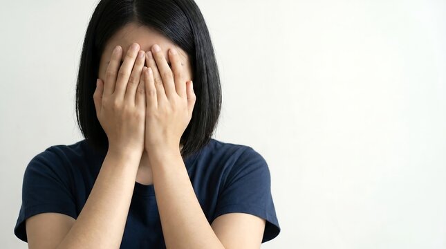 Woman covering her face with her hands expressing emotion or shame