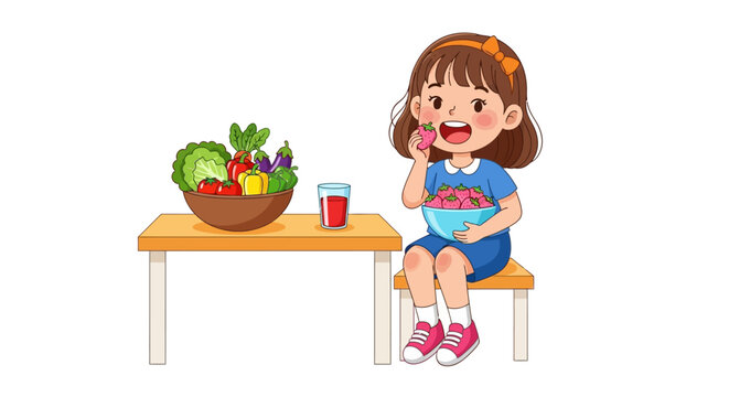 Vector illustration of a girl eating healthy food, sitting at a table, colorful cartoon character