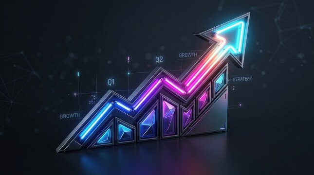 Artistic neon arrow rising chart with a vibrant color gradient and realistic material textures on a sophisticated dark background.