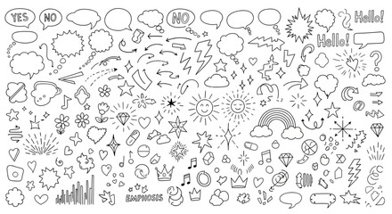 Doodle icons, line icons, outline symbols, 100+ greeting and speech bubbles, black and white vector graphics © Football