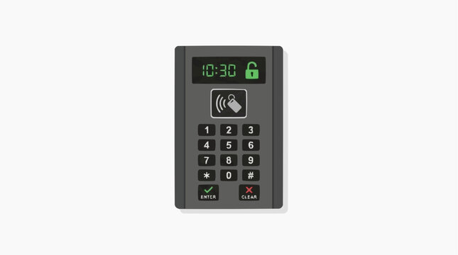 A close-up shot of a security access control system, a digital keypad, with the time shown in white background.