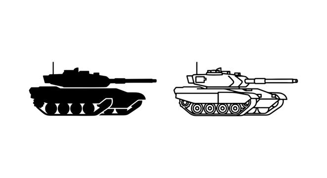 Military Tank Icons: Silhouette and Outline Vector Graphics for Defense Concepts