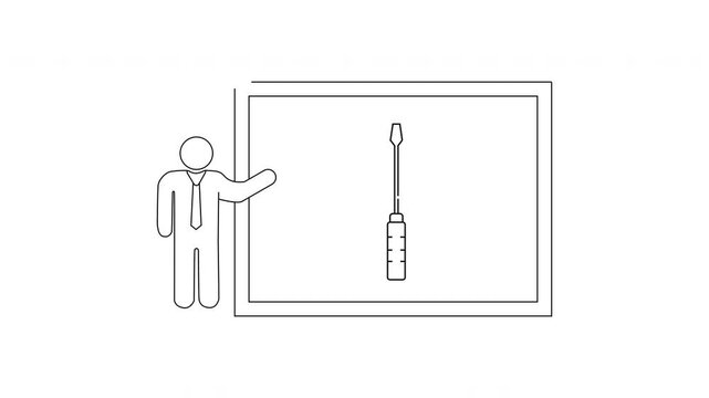 Man presenting a large screwdriver and a battery on a whiteboard.