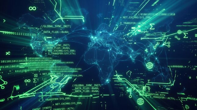 abstract glitch screen effect with glowing green lines, code, and generic symbols against a seamless corporate blue gradient