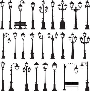 Assortment of decorative street lamps, vintage and modern designs, outdoor lighting.