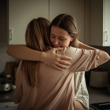 m&atilde;e abra&ccedil;ando filha adulta na cozinha, luz natural suave, fotografia realista emocional 03 - 1