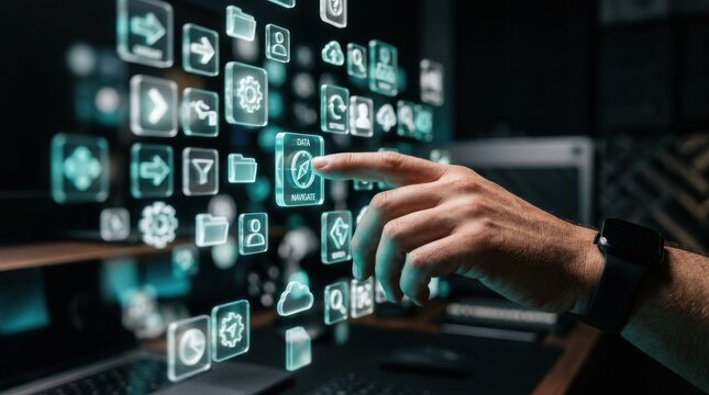 Hand interacting with a holographic grid of icons in a dark room, with sharp focus on the contact point and soft bokeh. The user&rsquo;s