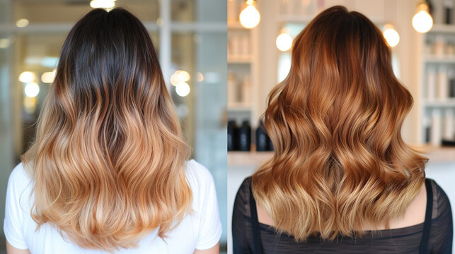 A comparison of two women's hairstyles with ombre dye in a salon