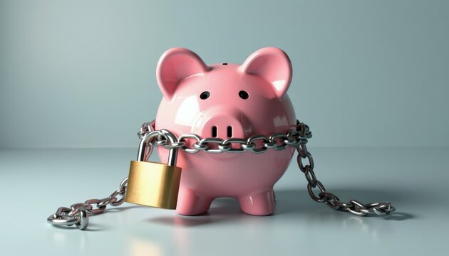 Pink piggy bank with metal chain and lock represents financial security. Concept of protected savings and restricted money access. Safe asset holding secure cash.