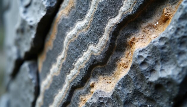 Close up of layered gneiss rock showing grey white and tan bands. Stone has rough texture with small pits. Natural geological formation detail.
