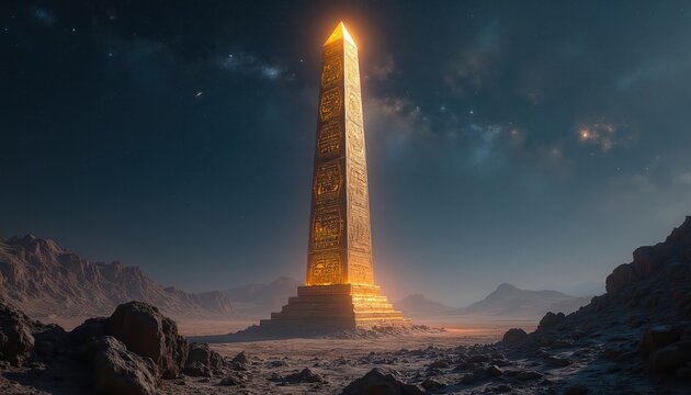 Golden illuminated obelisk with ancient glyphs stands on rocky alien planet surface under starry night sky. Sci-fi landscape with mysterious stone structure and vast desert expanse.