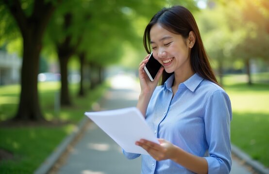 Asian woman smiles on phone call holding papers outside. Young professional discusses business documents while walking path through green park. Successful happy lady works outdoors.
