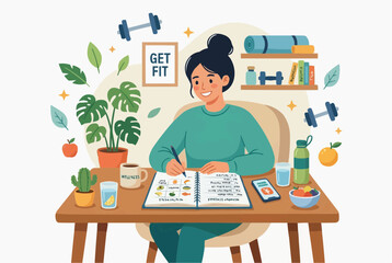 Fototapeta premium Woman organizing a healthy nutrition and fitness routine, highlighting wellness, discipline, and a balanced lifestyle.