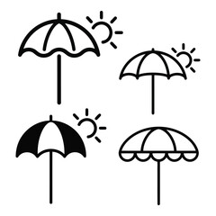 Obraz premium Umbrellas with sun icons, black line art illustrations, isolated on white background, simple icons