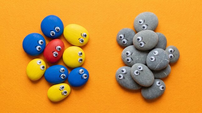 A colorful, diverse group stands in opposition to a uniform gray cluster, illustrating the tension between multiculturalism and conformity, or innovation versus the status quo.