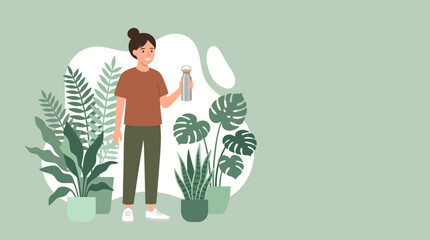Illustration of a person standing among large indoor plants and leafy greenery in a calm decorative setting. © Kyle