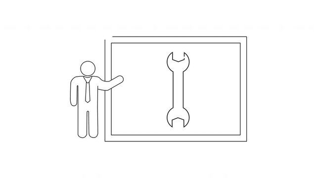 Man presenting a wrench icon on a whiteboard.